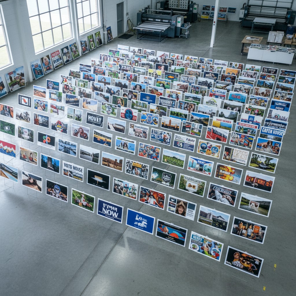 A large collection of photographs arranged in a warehouse setting, showcasing various scenes and objects.