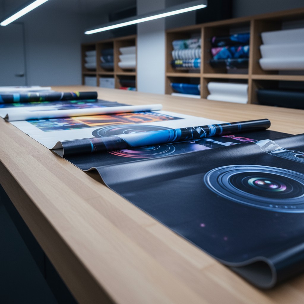 Poster mouse pads and print paper on a table.